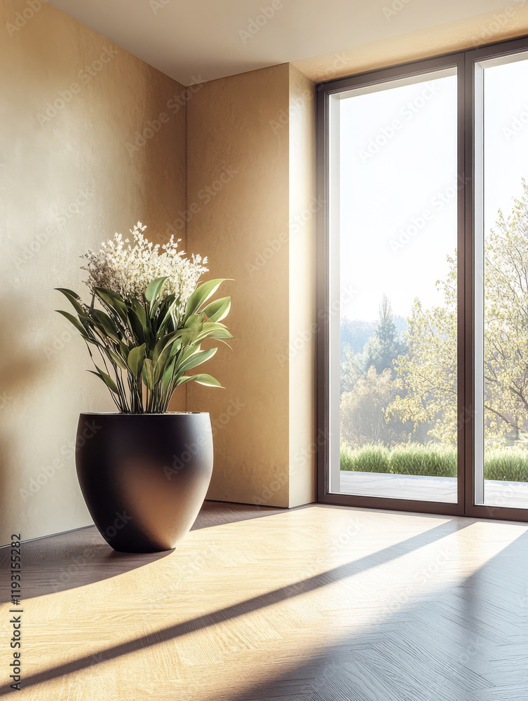 Fototapeta premium Indoor plant arrangement with sunlight illuminating a spacious modern room