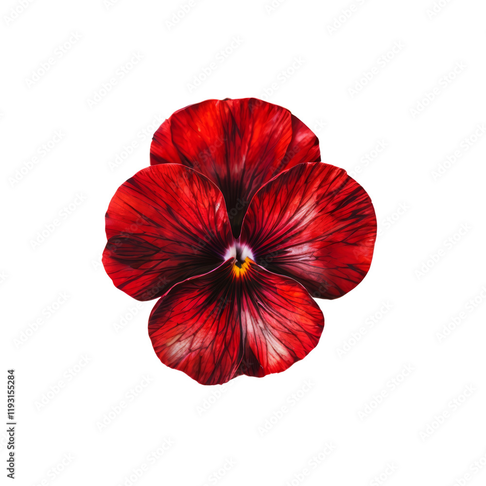 Obraz premium Scarlet Pansy Blossom: A detailed shot of a vibrant scarlet pansy in full bloom, showcasing its intricate patterns and textures. This artistic capture evokes feelings of beauty and natural wonder.