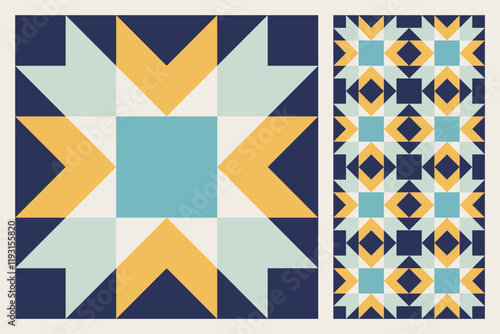 Geometric Star Pattern, Bold and Colorful Quilt Design with Repeating Motif, seamless vector pattern, abstract geometric background. Traditional barn star-shaped patchwork quilt block