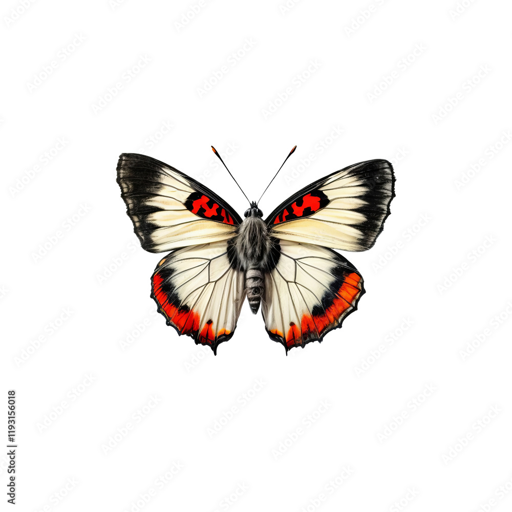 Obraz premium Elegance of Butterfly: This striking watercolor illustration showcases a beautiful butterfly. The delicate details of its wings, with their striking color, and symmetrical patterns are the main focus.
