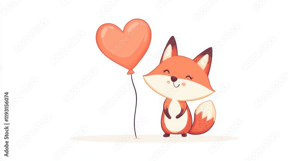 Obraz premium Playful fox with heart balloon in a whimsical enchanted forest