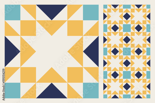 Geometric Star Pattern, Bold and Colorful Quilt Design with Repeating Motif, seamless vector pattern, abstract geometric background. Traditional barn star-shaped patchwork quilt block