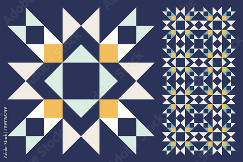Geometric Star Pattern, Bold and Colorful Quilt Design with Repeating Motif, seamless vector pattern, abstract geometric background. Traditional barn star-shaped patchwork quilt block