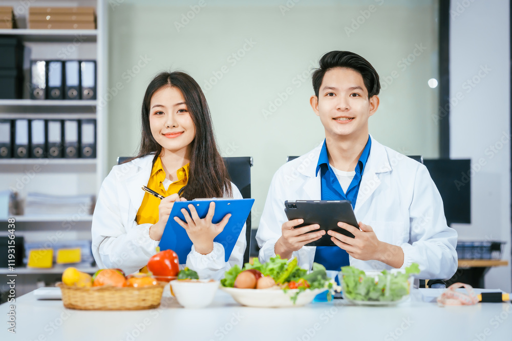 Two nutritionists,female and male, work in a hospital, analyzing vegetable and fruit salads, offering online advice, helping patients embrace clean eating habits and weight control for better health Two nutritionists,female and male, work in a hospital, analyzing vegetable and fruit salads, offering online advice, helping patients embrace clean eating habits and weight control for better health