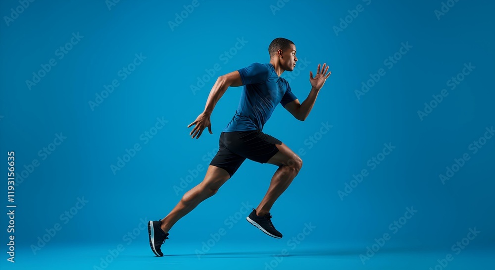 Fit Athletic Man Jogging Against a Vibrant Blue Background – Ideal for Fitness Branding, Sportswear Ads, Wellness Campaigns, and Motivational Content Fit Athletic Man Jogging Against a Vibrant Blue Background – Ideal for Fitness Branding, Sportswear Ads, Wellness Campaigns, and Motivational Content