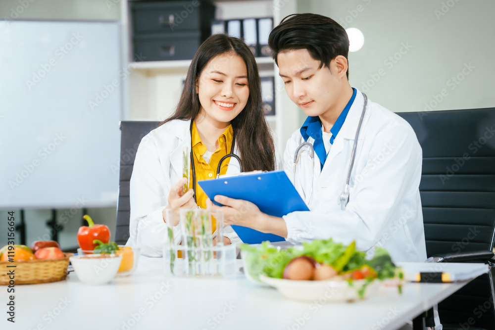 Two nutritionists,female and male, work in a hospital, analyzing vegetable and fruit salads, offering online advice, helping patients embrace clean eating habits and weight control for better health Two nutritionists,female and male, work in a hospital, analyzing vegetable and fruit salads, offering online advice, helping patients embrace clean eating habits and weight control for better health