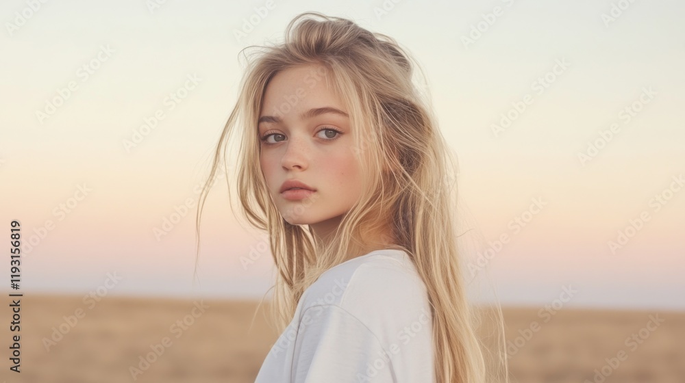 Blonde teenage girl looking over shoulder in field at sunset. Blonde teenage girl looking over shoulder in field at sunset.