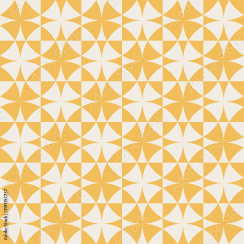 Geometric pattern with circles and flowers accents, seamless repeating patterns, vector art style, simple shapes, flat color blocks, retro design