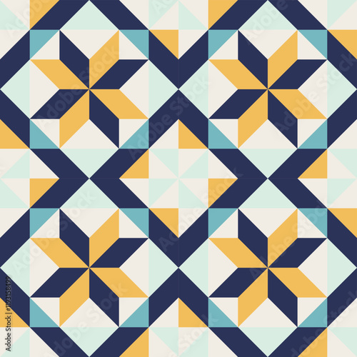 Geometric pattern with blue and yellow accents, seamless repeating patterns, vector art style, simple shapes, flat color blocks, retro design