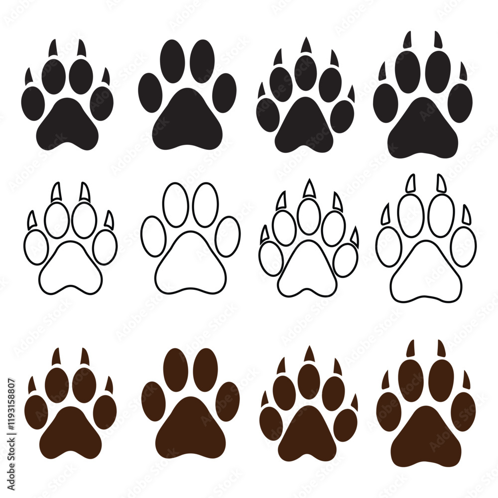 set of silhouettes of animals Paw Diverse Bear Paw Prints in Solid, Outline, and Fill Styles set of silhouettes of animals Paw Diverse Bear Paw Prints in Solid, Outline, and Fill Styles