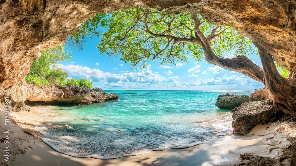 Hidden tropical cove with still turquoise water and overhanging trees Tropical Stock Photo with side copy space Hidden tropical cove with still turquoise water and overhanging trees Tropical Stock Photo with side copy space