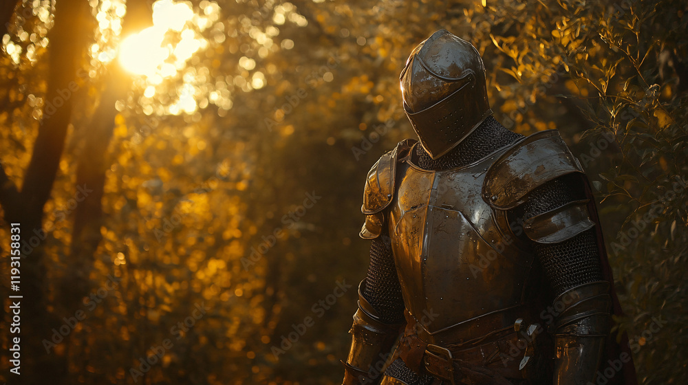 Fototapeta premium A knight walks through a fog-covered graveyard, his sword drawn. The silence of the graveyard and the weight of the past seem to haunt him, as his face remains hidden beneath his helm.