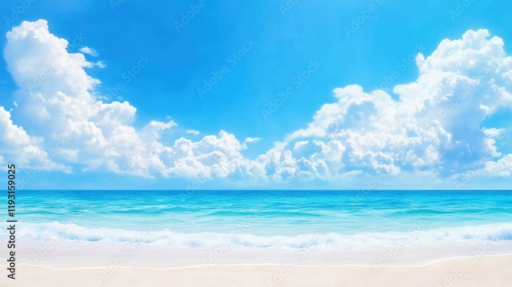 A serene beach scene with soft white sand, gentle waves, and a vibrant blue sky filled with fluffy white clouds. A serene beach scene with soft white sand, gentle waves, and a vibrant blue sky filled with fluffy white clouds.