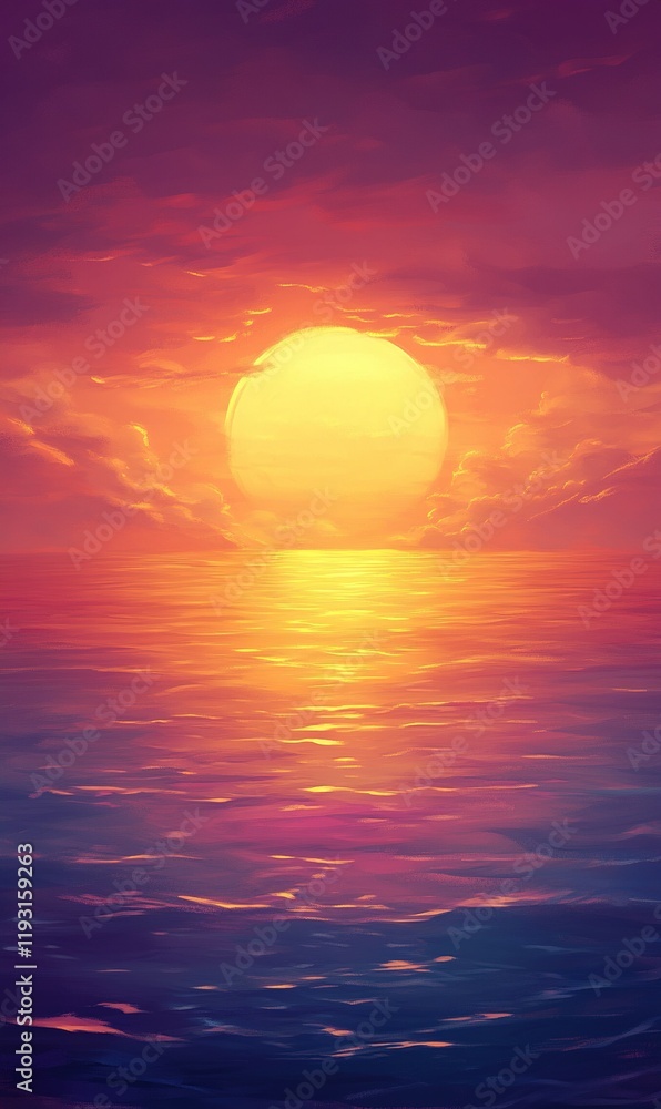 Fototapeta premium Vibrant sunset over calm ocean reflecting golden light, ideal for backgrounds or wallpapers