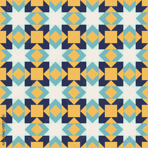 Geometric pattern with blue and yellow accents, seamless repeating patterns, vector art style, simple shapes, flat color blocks, retro design