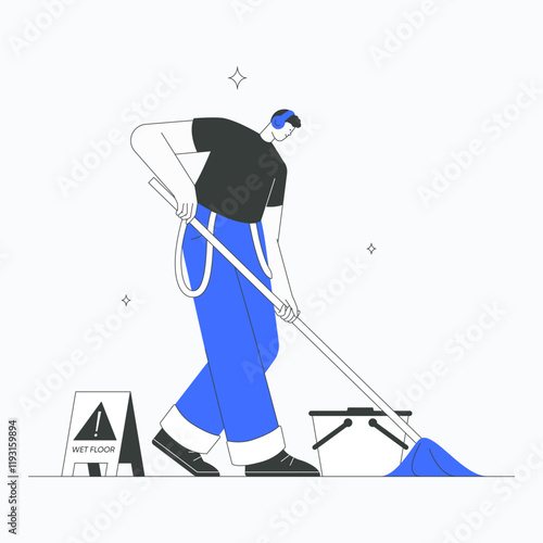 Janitor mopping floor in flat vector illustration symbolizing cleaning service, hygiene, and maintenance, isolated on white background.