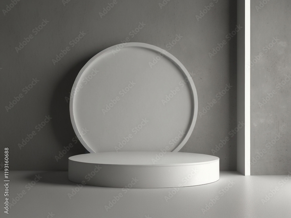 3D rendering round shape pedestal on simple background and white studio template with spotlight product shelf. Blank studio podium for advertising
