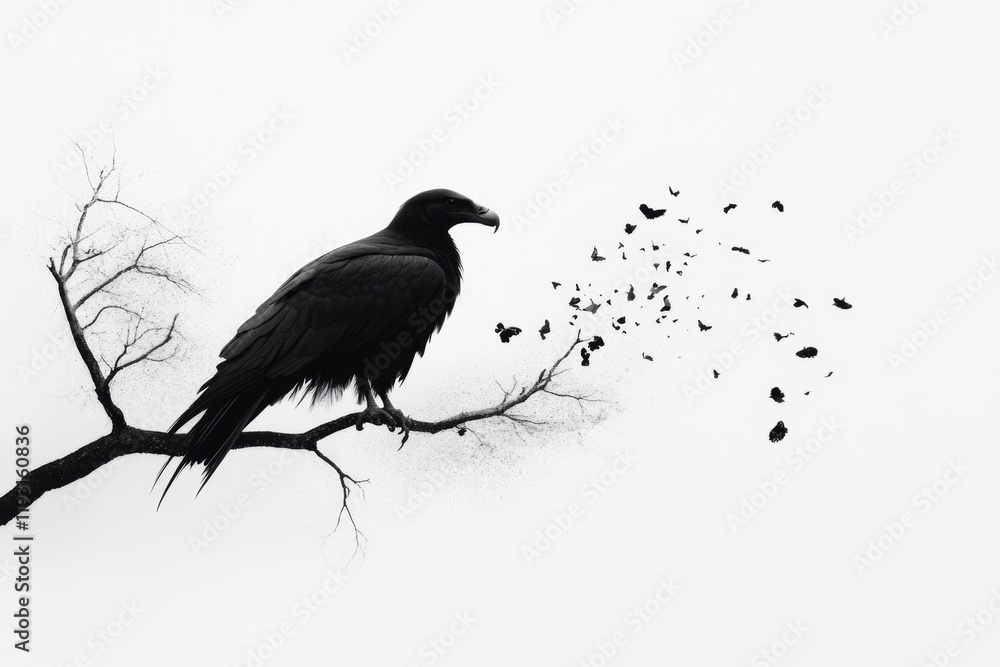 Fototapeta premium A minimalist silhouette of a vulture perched on a tree branch, with simple black lines against a white background