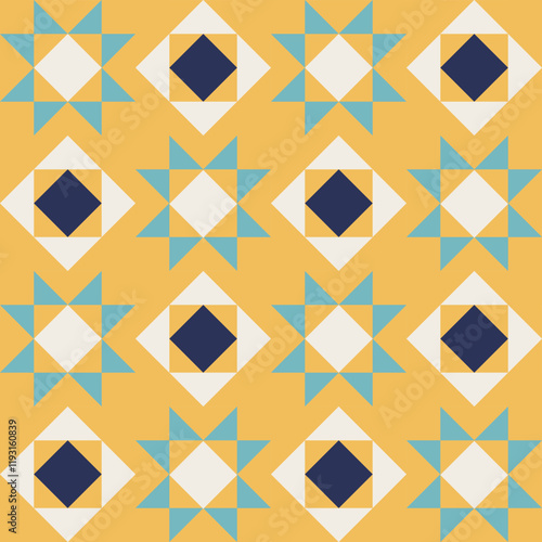 Geometric pattern with blue and yellow accents, seamless repeating patterns, vector art style, simple shapes, flat color blocks, retro design
