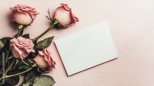 A soft arrangement of pink roses beside a blank card on a pastel background, perfect for romantic notes or invitations.