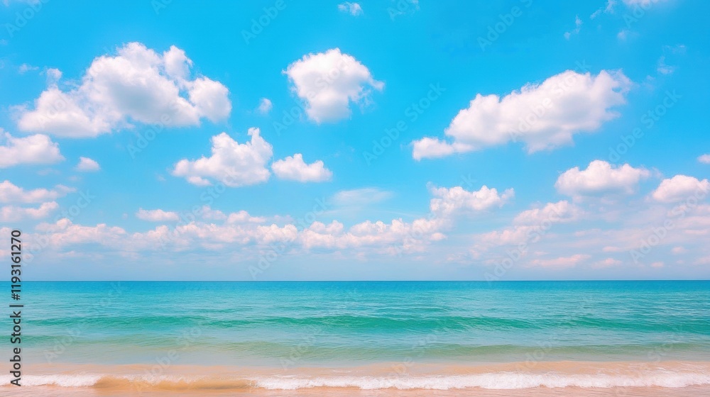A serene beach scene featuring gentle waves, soft sand, and a bright blue sky dotted with fluffy white clouds. A serene beach scene featuring gentle waves, soft sand, and a bright blue sky dotted with fluffy white clouds.
