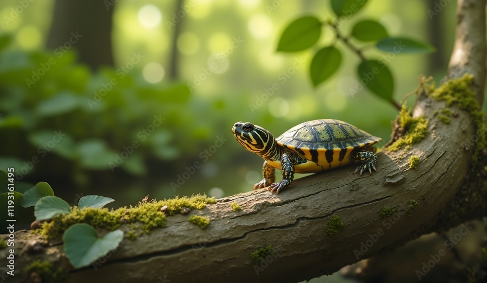 A turtle rests on a moss-covered branch in a lush forest, with sunlight filtering through the greenery in the background. A turtle rests on a moss-covered branch in a lush forest, with sunlight filtering through the greenery in the background.