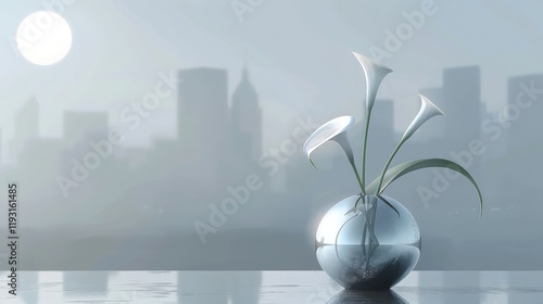 A stylish silver metallic vase with a modern minimalist design displays a single calla lily, with a sleek cityscape and a bright full moon