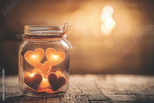 A glass jar filled with glowing heart-shaped candles, creating a warm and romantic atmosphere against a softly lit background.