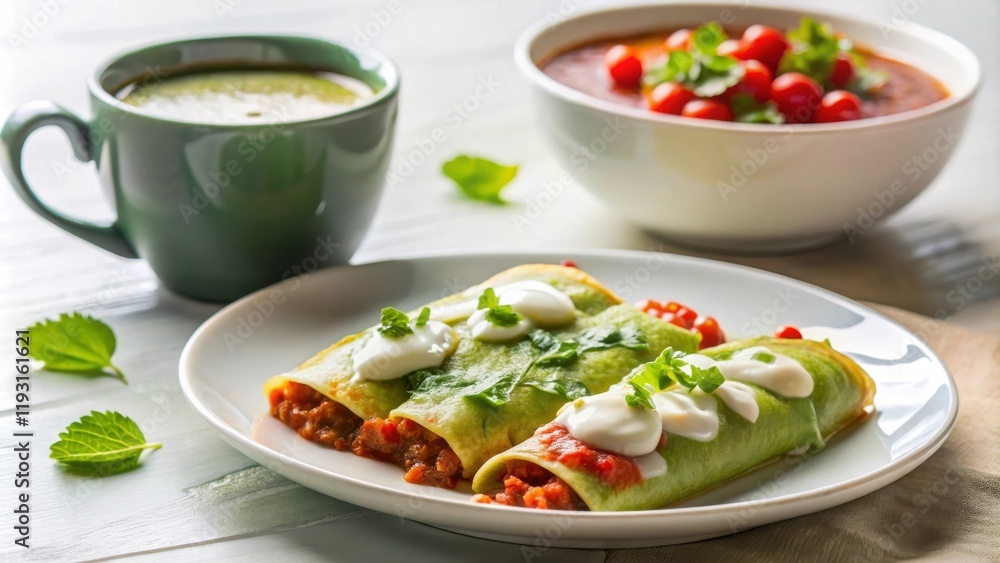 Delicious Spinach Crepes with Savory Filling and Creamy Topping, Served with a Side of Tomato Soup and Herbal Tea Delicious Spinach Crepes with Savory Filling and Creamy Topping, Served with a Side of Tomato Soup and Herbal Tea