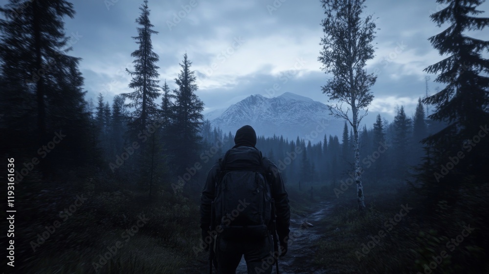 Lone hiker facing snow-capped mountains in a misty forest. Lone hiker facing snow-capped mountains in a misty forest.