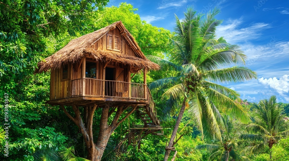 Wooden treehouse nestled among tropical trees surrounded by greenery Tropical Stock Photo with side copy space Wooden treehouse nestled among tropical trees surrounded by greenery Tropical Stock Photo with side copy space