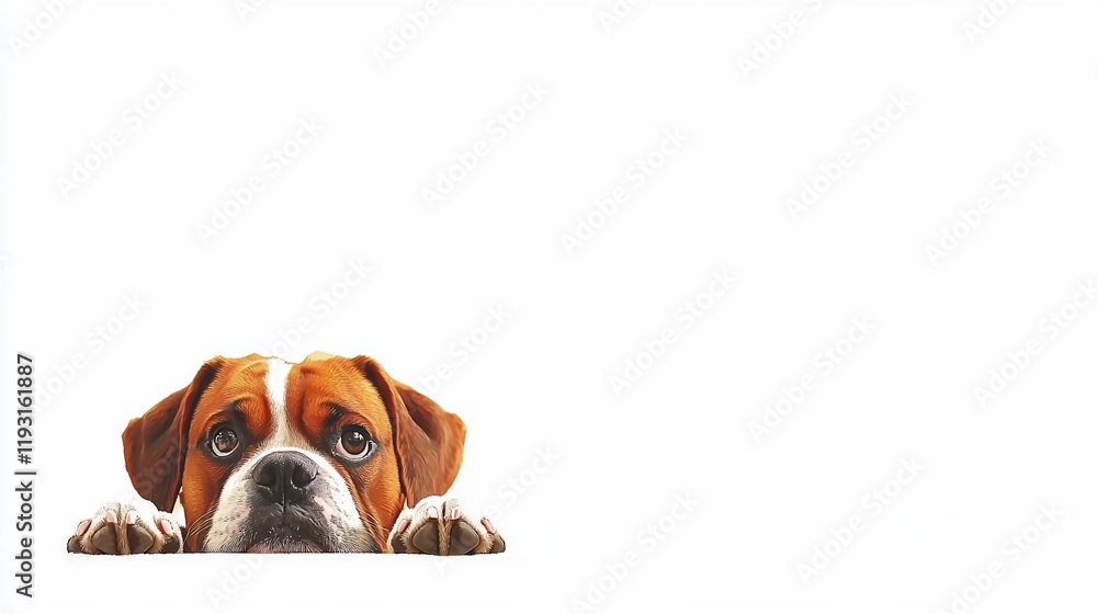 Cute brown and white boxer dog peeking over white background. Cute brown and white boxer dog peeking over white background.