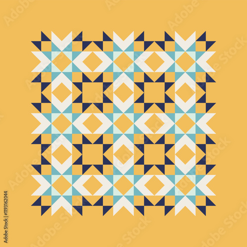 Geometric pattern art print with blue and mustard yellow accents, repeating patterns, vector art style, simple shapes, flat color blocks, retro design