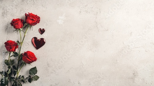 A beautiful arrangement of red roses next to heart-shaped decorations on a soft, neutral background, perfect for romantic occasions.