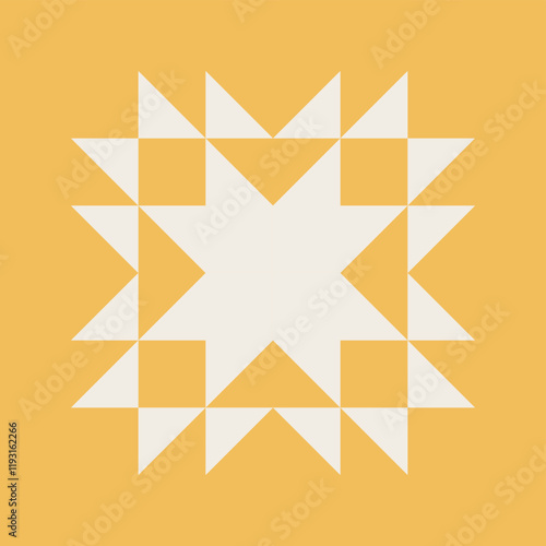 Geometric pattern art print with blue and mustard yellow accents, repeating patterns, vector art style, simple shapes, flat color blocks, retro design