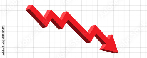 red 3D arrow for business risk, fall, down, bear forex market trend in grey chart in transparent banner background template 