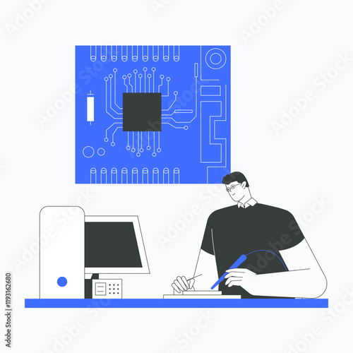 Man working at desk with microchip illustration symbolizing technology, computing, and innovation in flat vector style, isolated on white background