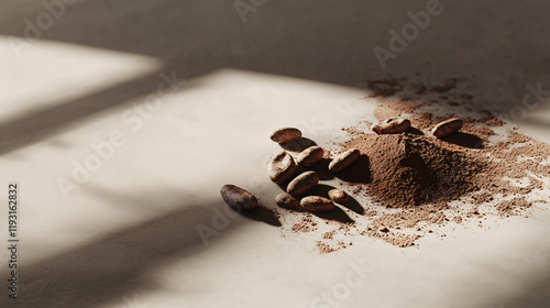 A minimalist arrangement of cocoa beans on a light gray surface, with the beans placed to emphasize their shape and natural texture.A minimalist arrangement of cocoa beans on a light gray surface, wit photo