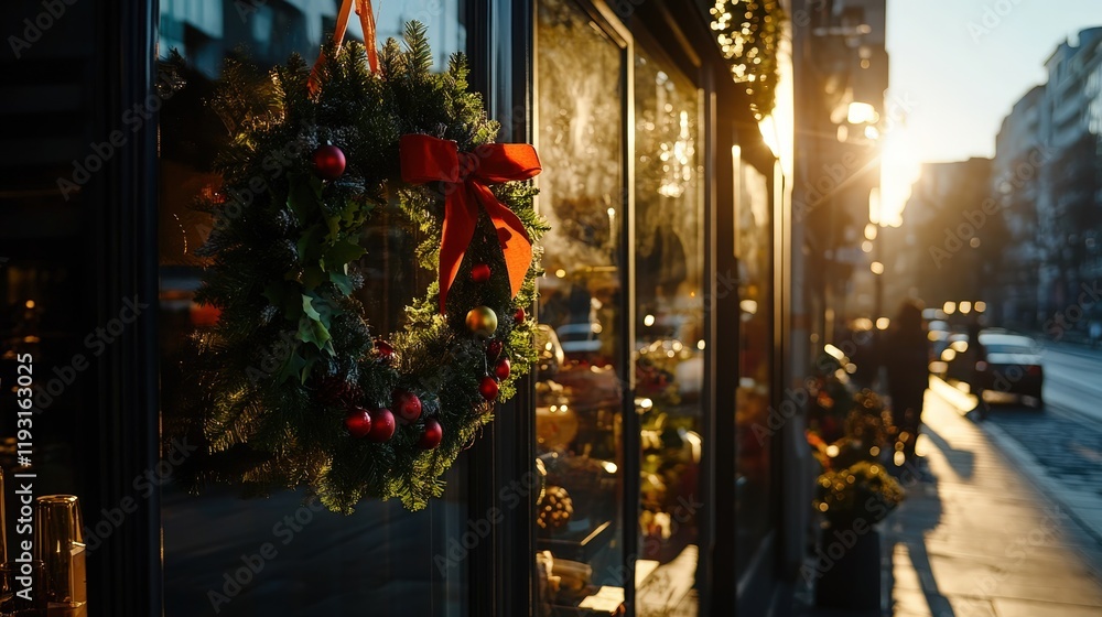 Obraz premium A charming Christmas wreath adorned with baubles and a red ribbon, beautifully displayed in a sunlit shop window, welcoming the festive spirit of the season.