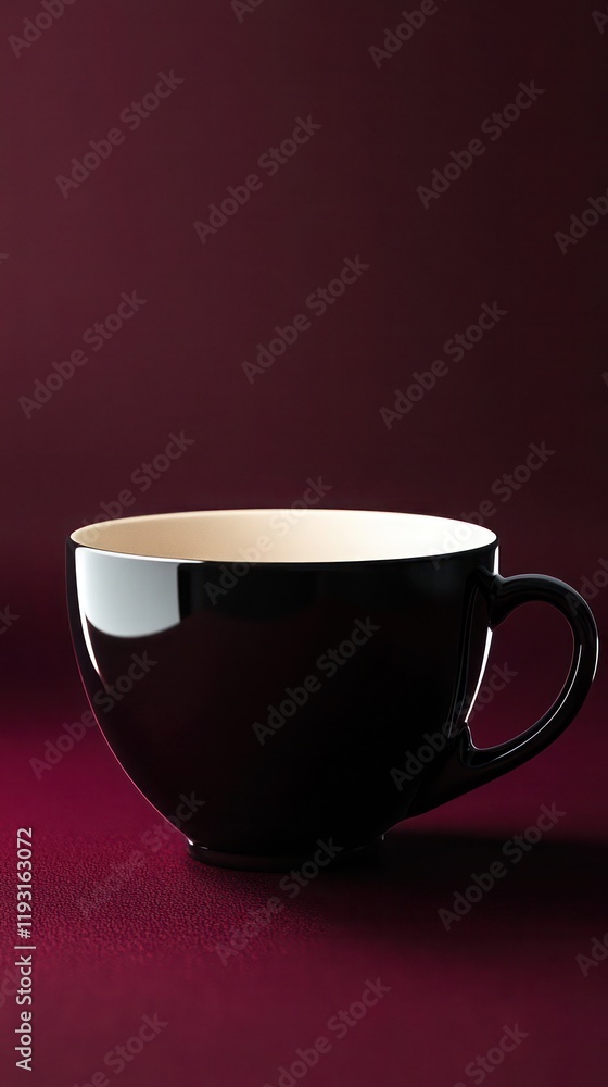 Empty glossy black coffee cup mockup isolated on a rich burgundy background Empty glossy black coffee cup mockup isolated on a rich burgundy background