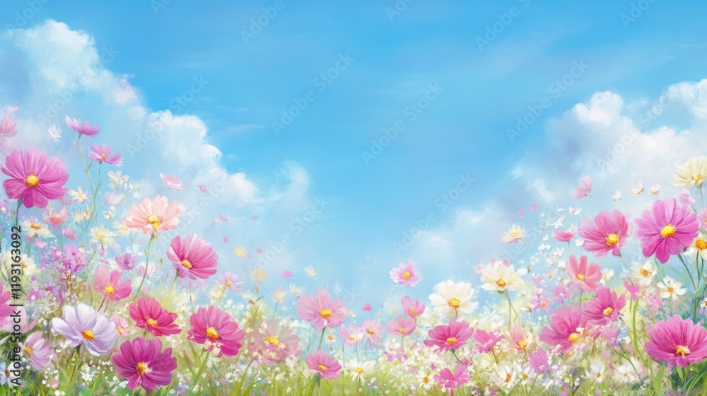 A vibrant floral meadow filled with pink and white flowers under a clear blue sky, creating a serene and refreshing atmosphere. A vibrant floral meadow filled with pink and white flowers under a clear blue sky, creating a serene and refreshing atmosphere.