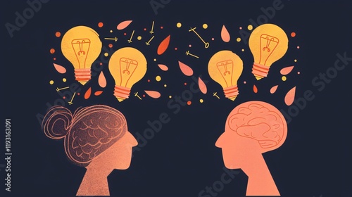 Creative concept of lightbulbs flying from human head to other head