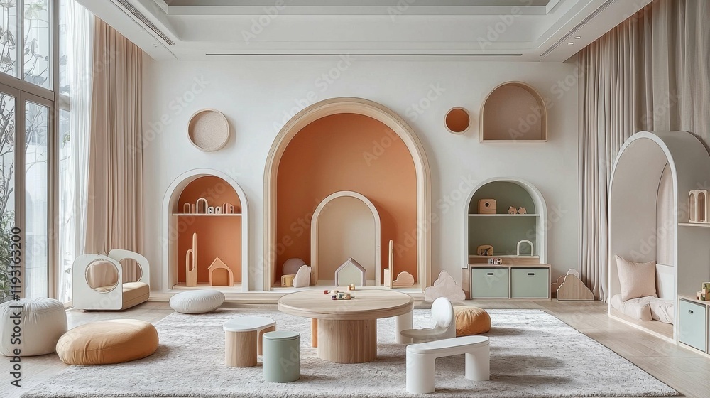 A serene nursery featuring arched displays, neutral colors, and various playful furniture. Designed for a welcoming atmosphere for children. A serene nursery featuring arched displays, neutral colors, and various playful furniture. Designed for a welcoming atmosphere for children.