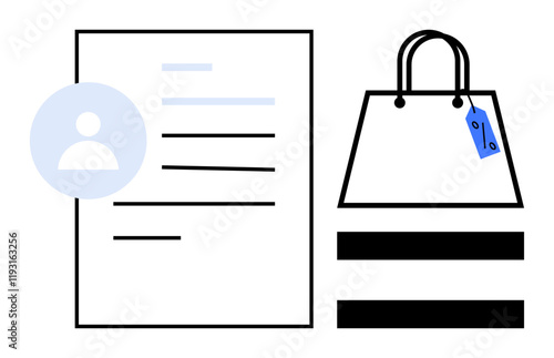 User profile form, shopping bag with sale tag, black bars. Ideal for e-commerce, user registration, retail, sale events, user account creation online services digital identity. Abstract line flat
