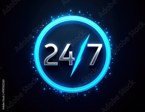 Glowing 24/7 icon with blue neon circular design for continuous service concept