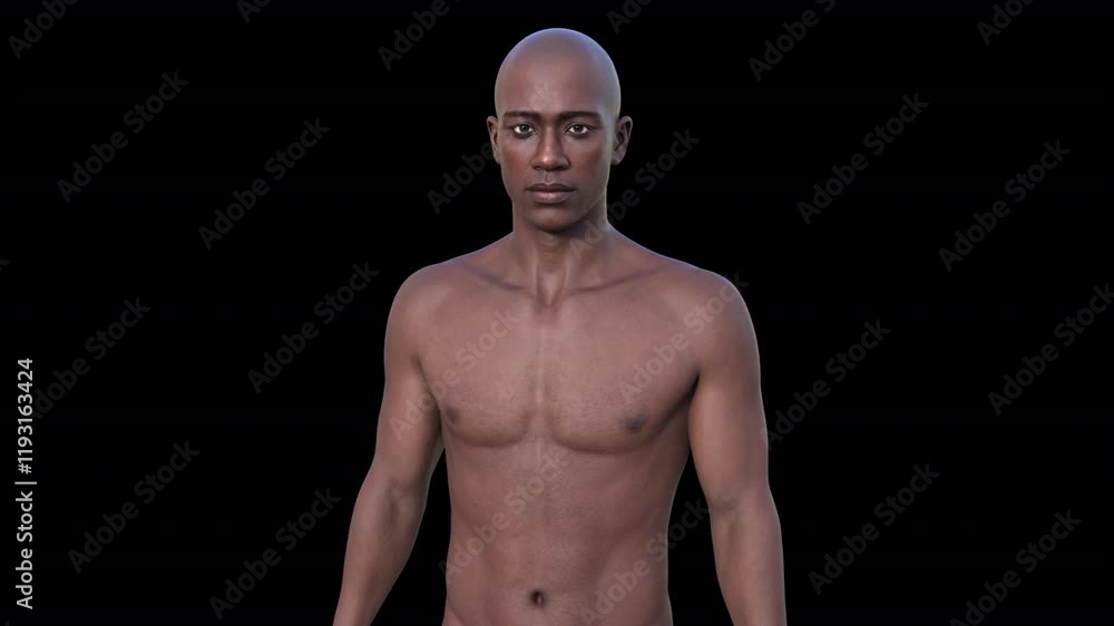 3D animation of an African man's upper body, shirtless, slightly rotating, showcasing realistic anatomy, musculature, and detailed body structure. 3D animation of an African man's upper body, shirtless, slightly rotating, showcasing realistic anatomy, musculature, and detailed body structure.