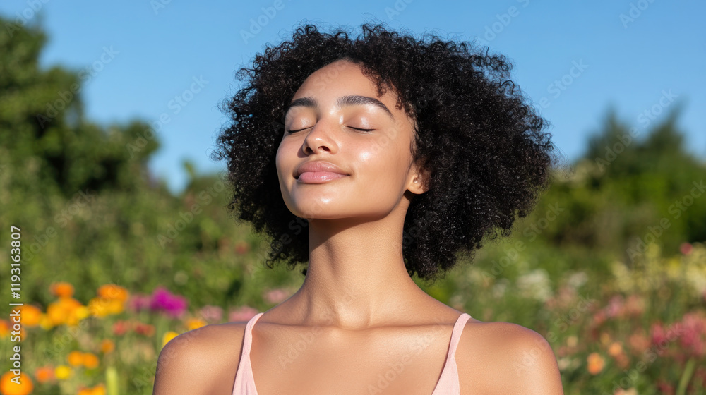 Indonesian woman breathing and relaxing on a beautiful colorful flower field Indonesian woman breathing and relaxing on a beautiful colorful flower field