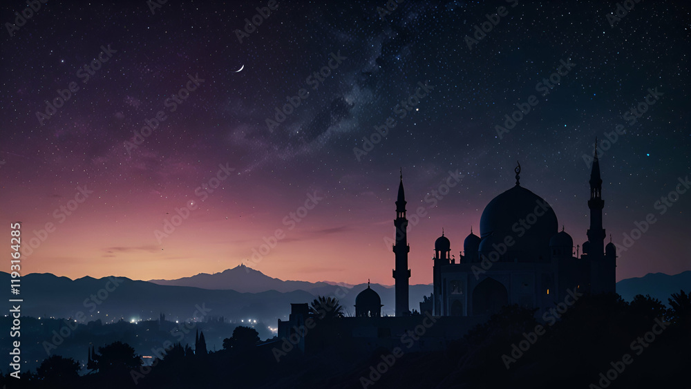 Crescent Moon and Silhouette Mosque Illuminated in the Bright Night for a Ramadan Kareem Background Crescent Moon and Silhouette Mosque Illuminated in the Bright Night for a Ramadan Kareem Background