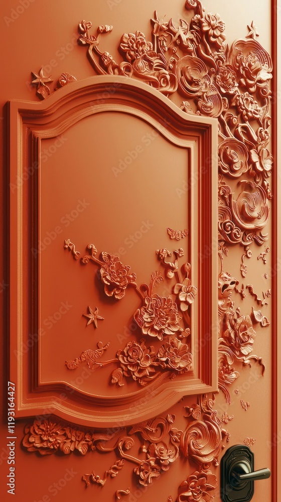 Obraz premium Elegant Minimalist Door Design Featuring Intricate Floral Patterns in Rich Orange - Perfect for Celebrations and Festive Occasions, Ideal for Chinese New Year Festivity Themes
