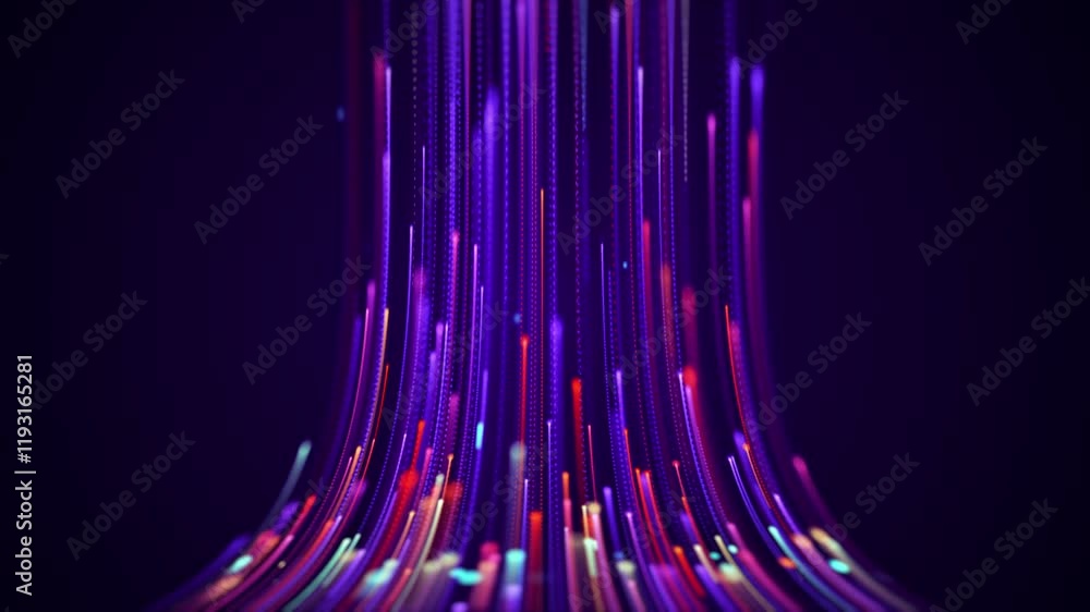 Digital stream neon lines upward motion loop. Abstract trendy design seamless 4K video background.